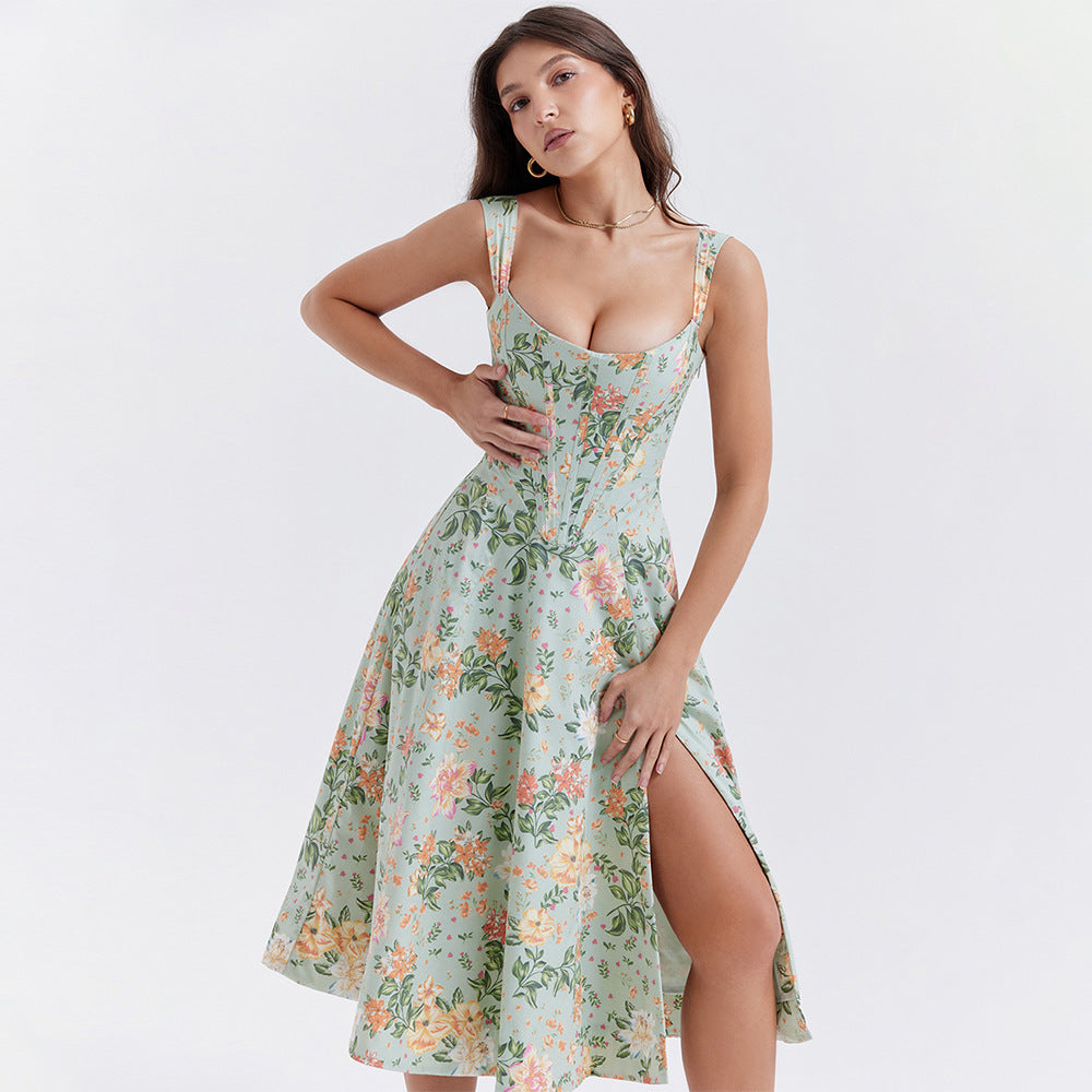 's Boning Corset Cami Dress Backless Slit Midi Floral Dress