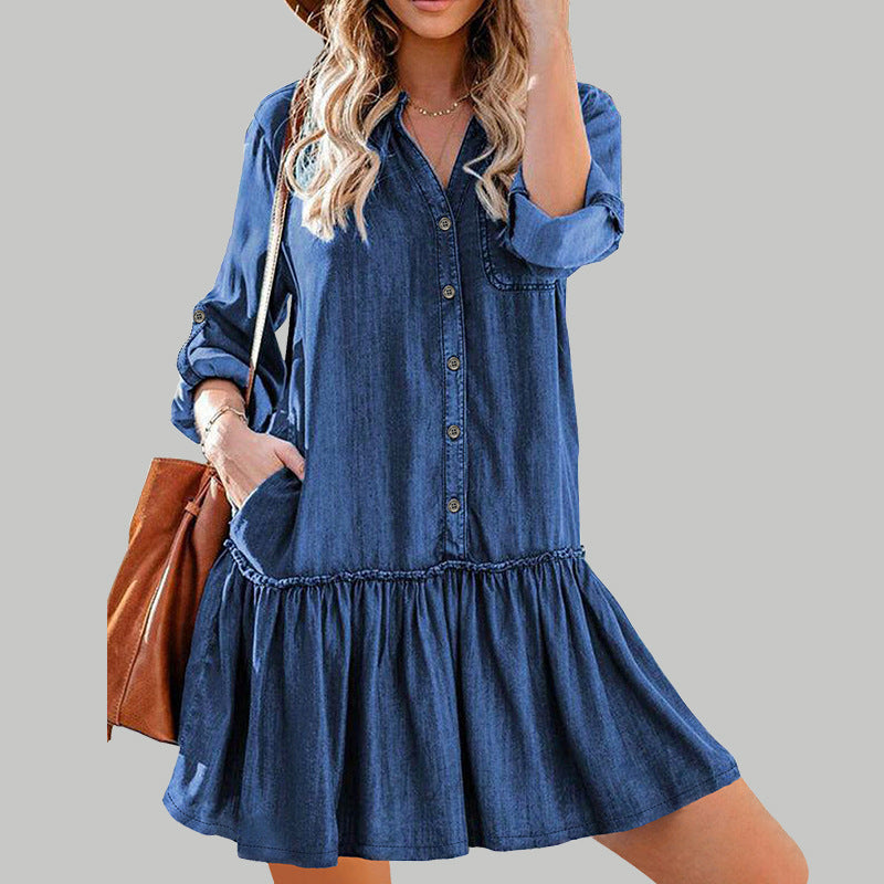 Women's V-Neck Button Pocket Ruffle Denim Long-Sleeve A-Line Mini Dress