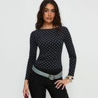 Women's Autumn Winter Wild Inner Black White Polka Dot Top Women Bare Back Long Sleeved Fitted T Shirt Retro Bandage Dress Base