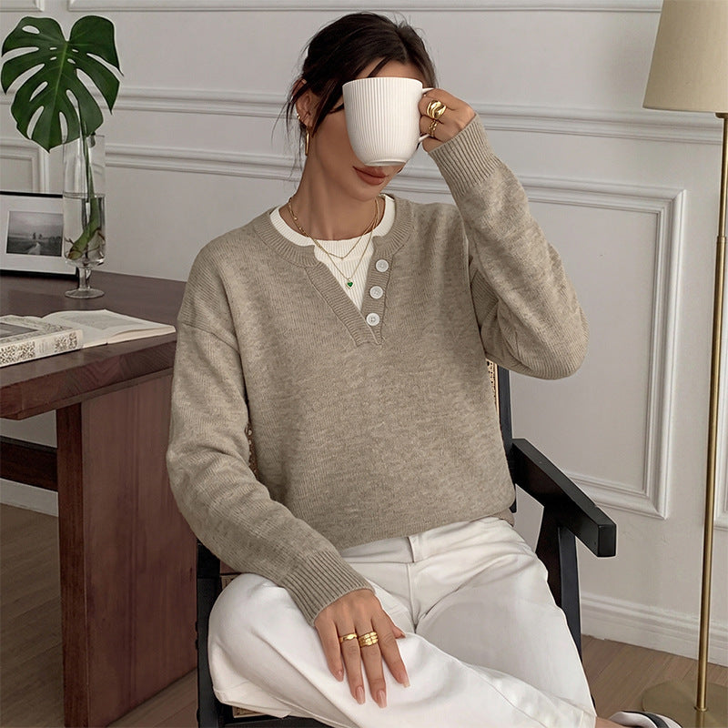 Women Faux Two Piece Half Open Button Knitted Sweater