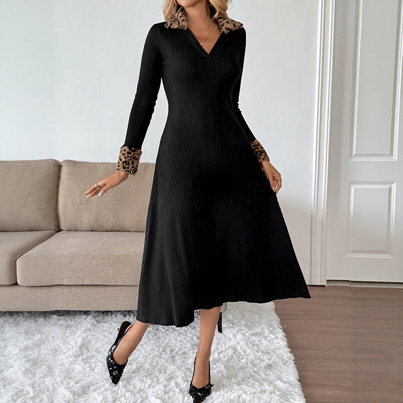 Winter Retro Elegant V-Neck Leopard Print Color-Block Dress