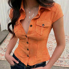 Women's Collared Short Sleeve Shirt Orange Single Breasted Slim