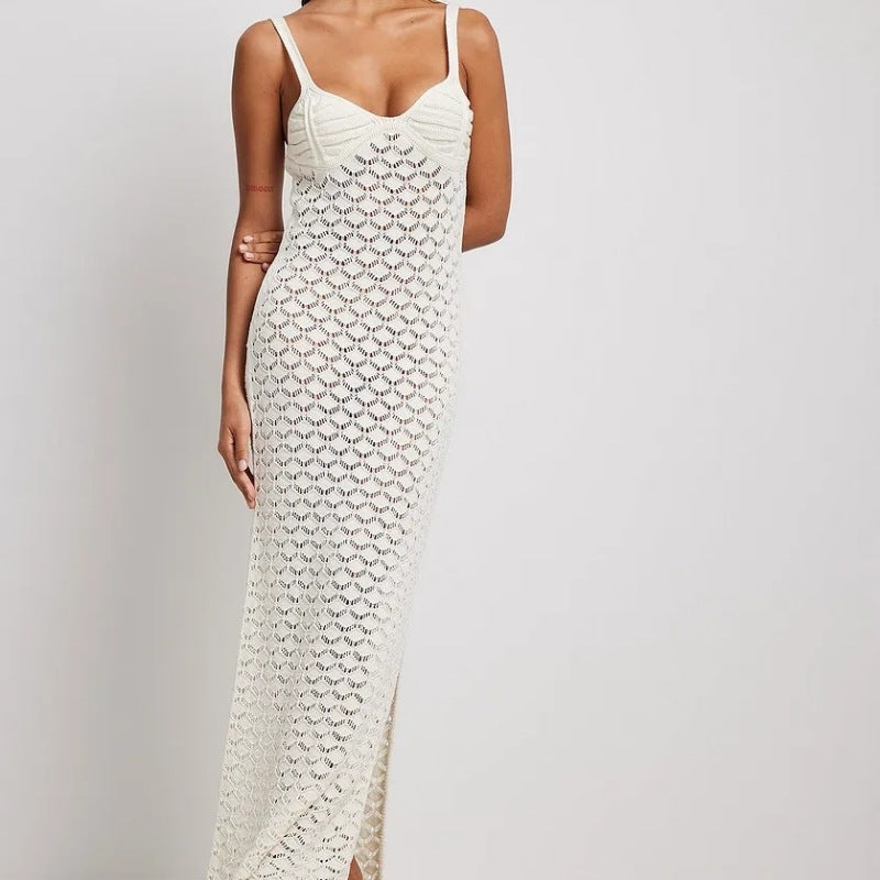 White knit bodycon maxi dress with textured diamond pattern and scoop neckline