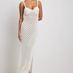 White knit bodycon maxi dress with textured diamond pattern and scoop neckline