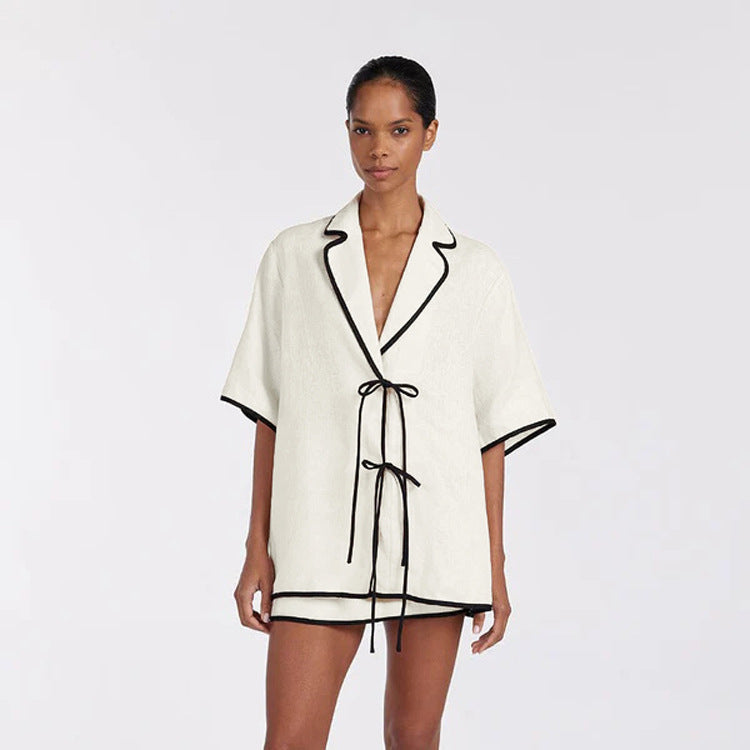 Contrast Hip Skirt & Lace-Up Cardigan Set