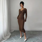 Women's Brown V-Neck Twist-Front Dress