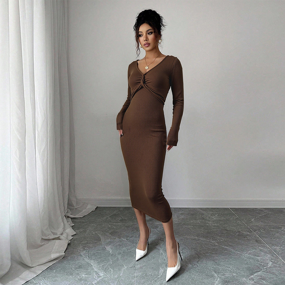 Women's Brown V-Neck Twist-Front Dress