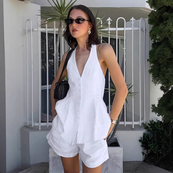 Summer Halter Sleeveless Backless Cardigan Top High Waist Comfort Shorts Two Piece Casual Cotton Set