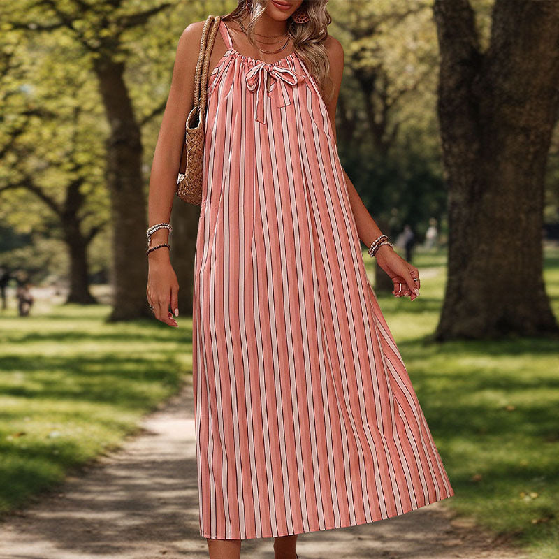 Striped Spaghetti-Strap Vacation Dress