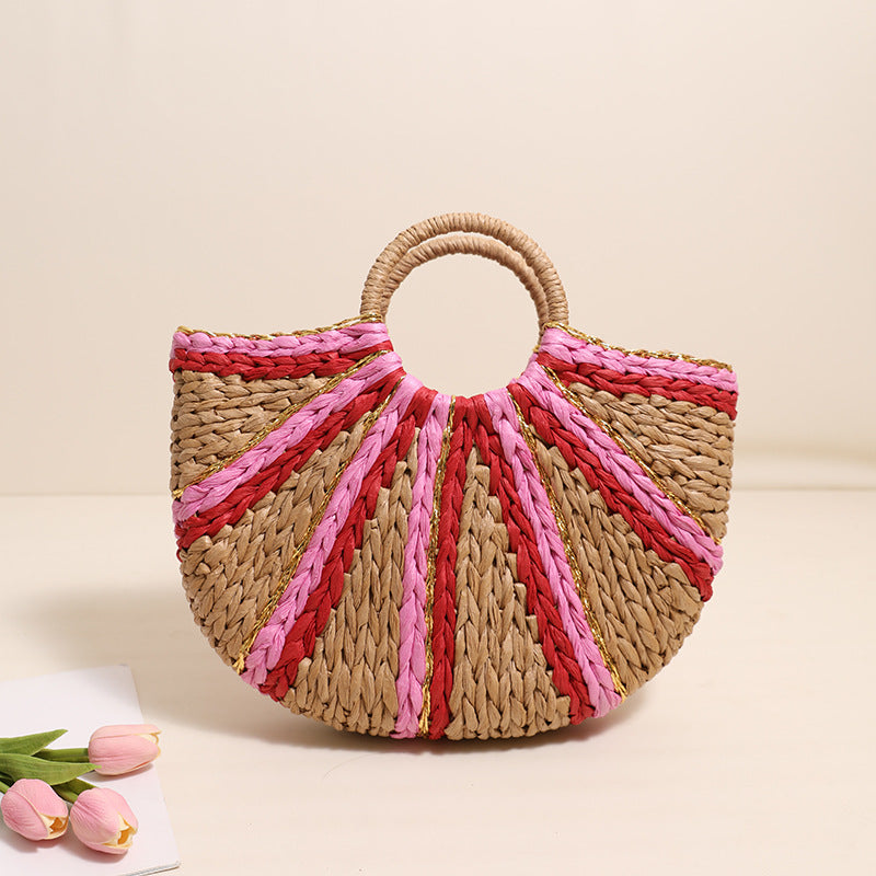 Women's Striped Semicircle Straw Bag