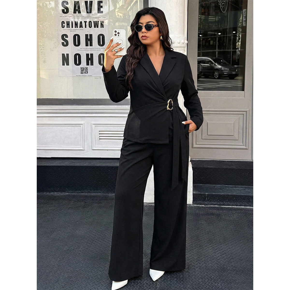 Women's Plus-Size Blazer And Wide-Leg Pants Set
