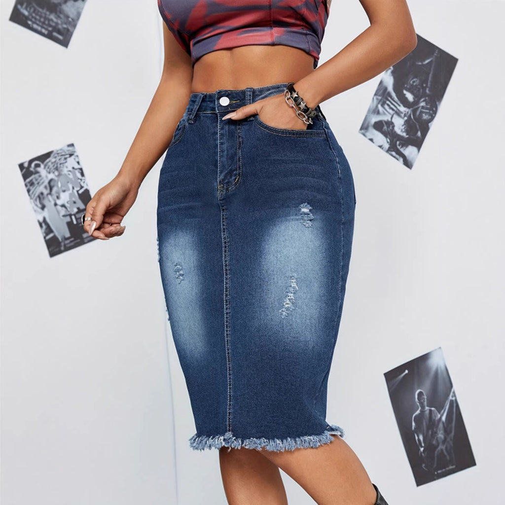 Frayed Denim Midi Skirt
