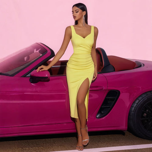 Women's Elegant Off Shoulder Slim Fit Figure Flattering Side Slit Pleated High Waist Strap Dress