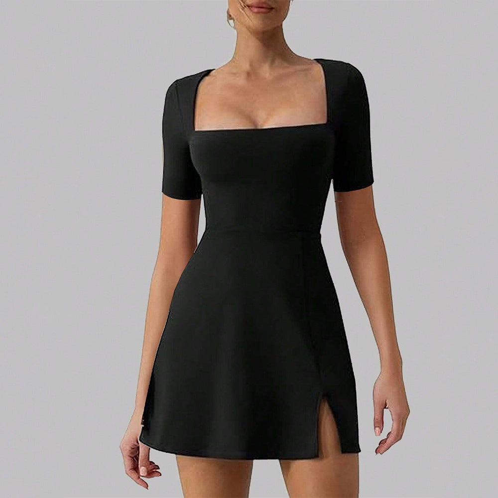 Women's Sexy Elegant Square Cut Collar Slit Hemline Hem Waist Tight A Line Dress