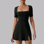 Women's Sexy Elegant Square Cut Collar Slit Hemline Hem Waist Tight A Line Dress
