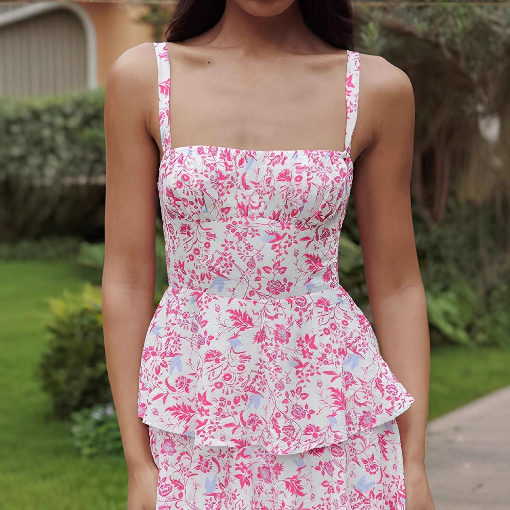 Floral Strap Mid-Length Dress