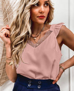 Women's Summer Lace Women Top Sleeveless Ruffled Women Clothing V-Neck Top