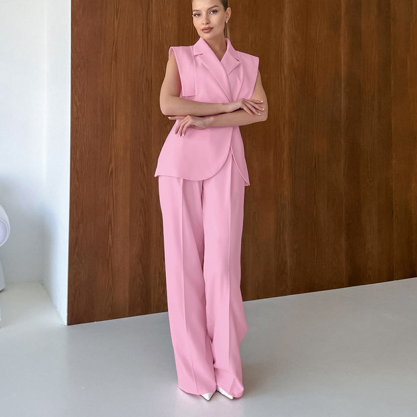 Pink Gentle Sleeveless Collar Loose Fitting Waistcoat High-Waisted Pocket Wide Leg Pants Summer Casual Set