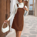 Women's Pocket Strap Corduroy Dress Solid Color Casual Suspender Skirt Women