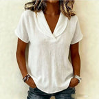 Summer V neck Short Sleeved Cotton Linen Shirt Women Loose Casual Solid Color Top