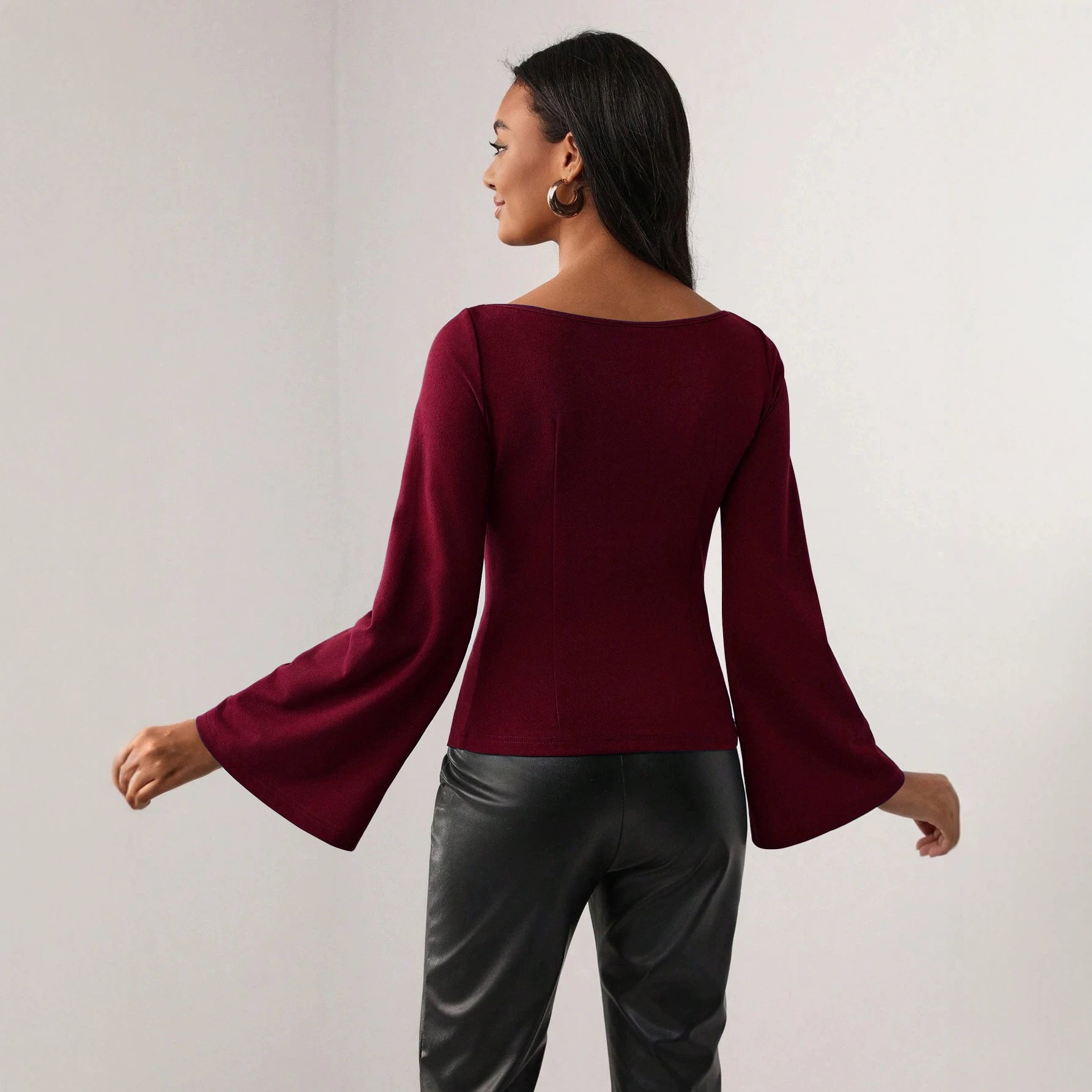 Bell Sleeved Top Hollow Waist Cinching Slimming Office Long