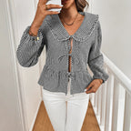 Autumn Eaby Casual Peter Pan Collar Tie Neck Plaid Shirt