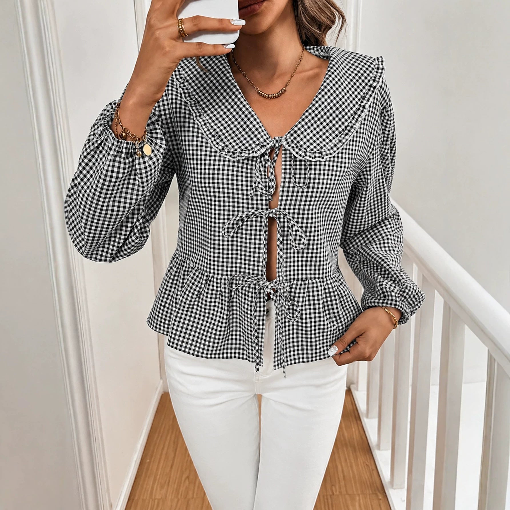 Autumn Eaby Casual Peter Pan Collar Tie Neck Plaid Shirt