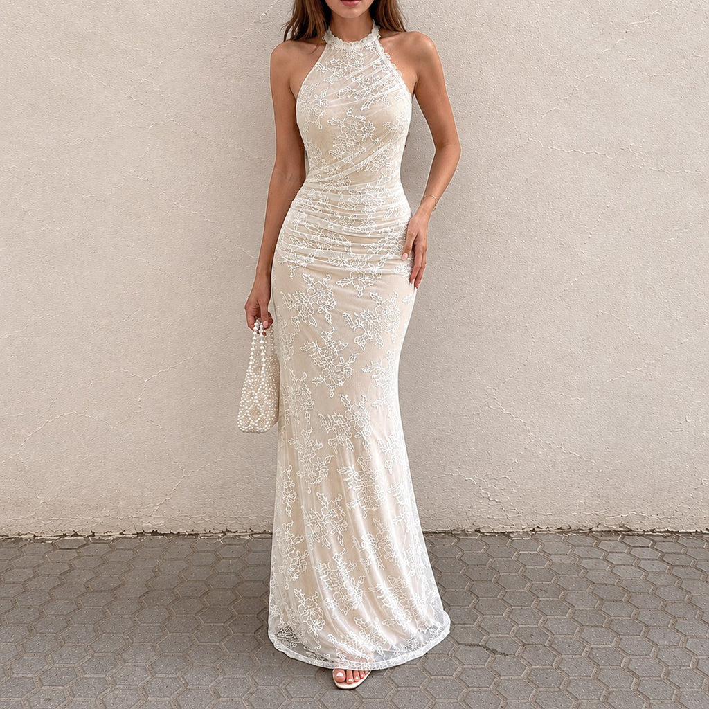 Women's Lace-Trim Halter Backless Maxi Dress