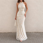 Women's Lace-Trim Halter Backless Maxi Dress