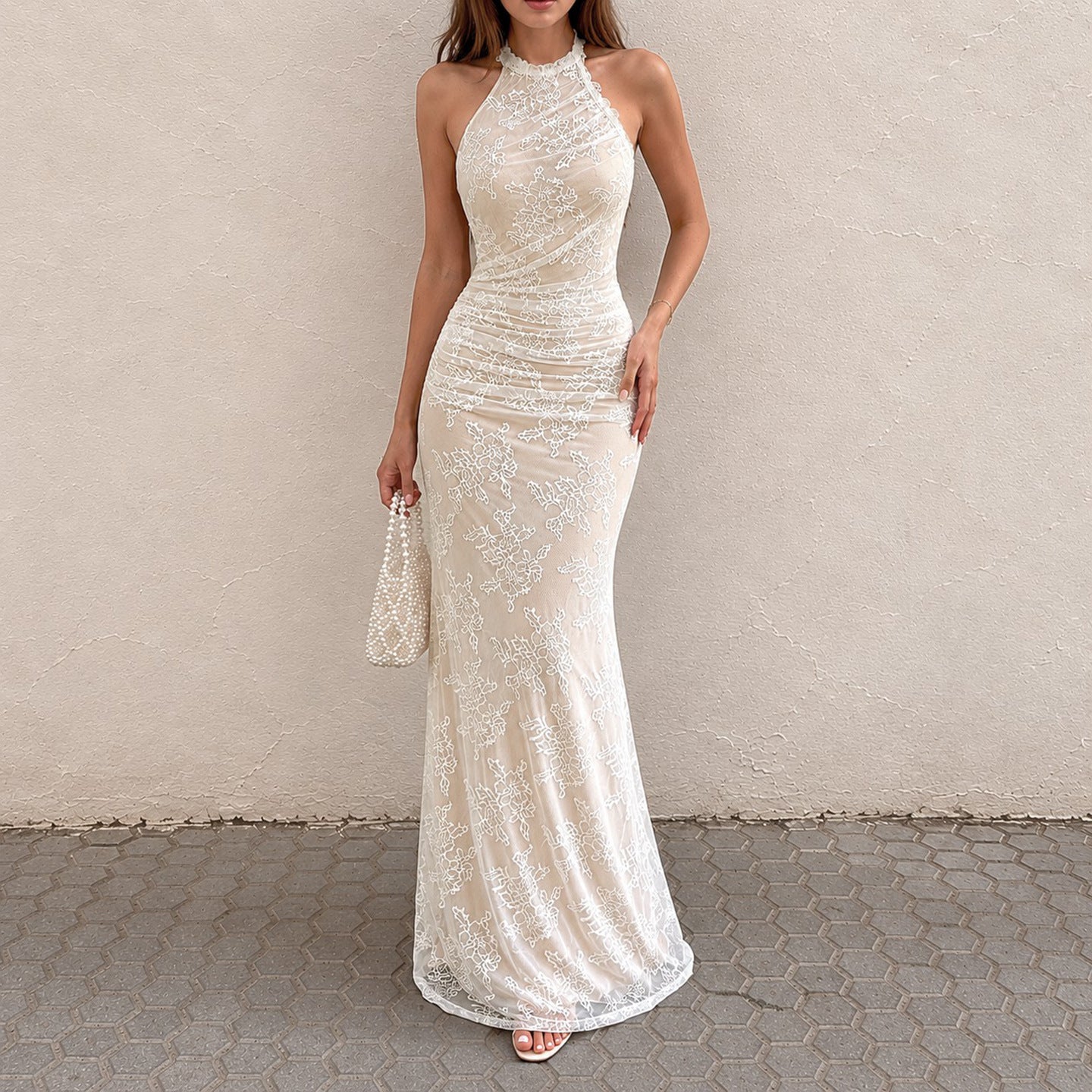 Women's Lace-Trim Halter Backless Maxi Dress