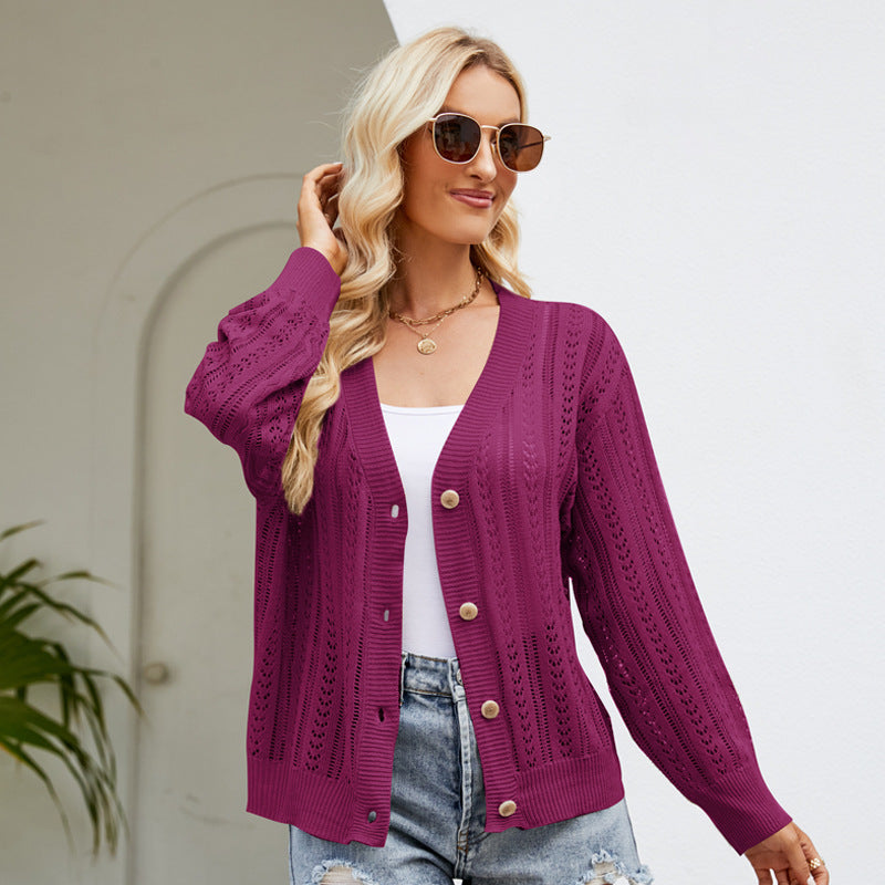 Women's Dignified Hollow Out Cutout Cardigan Outer Wear V-Neck