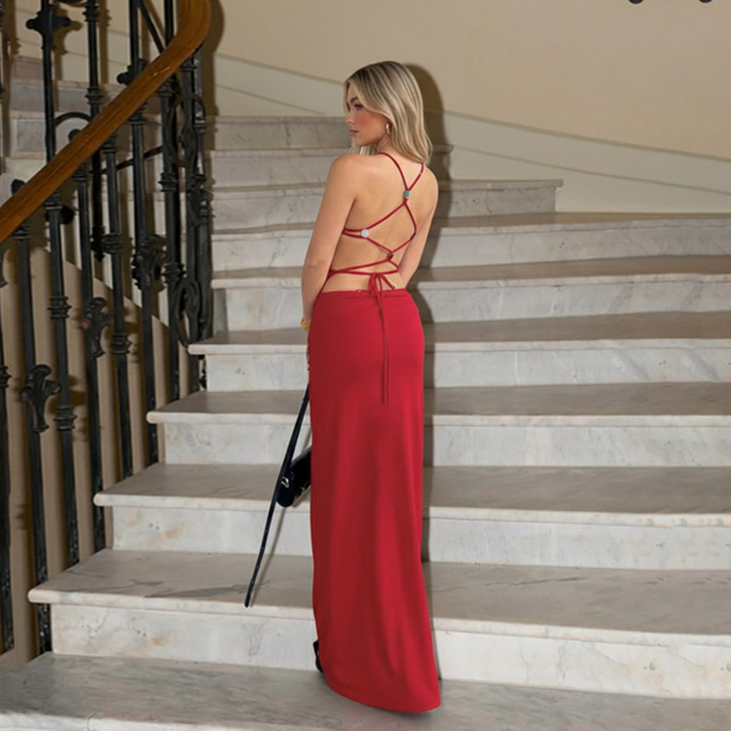 Women's Beaded Backless Spaghetti-Strap Maxi Dress