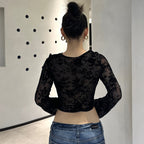 Women's Sheer Mesh Tie Detail V-Neck Top