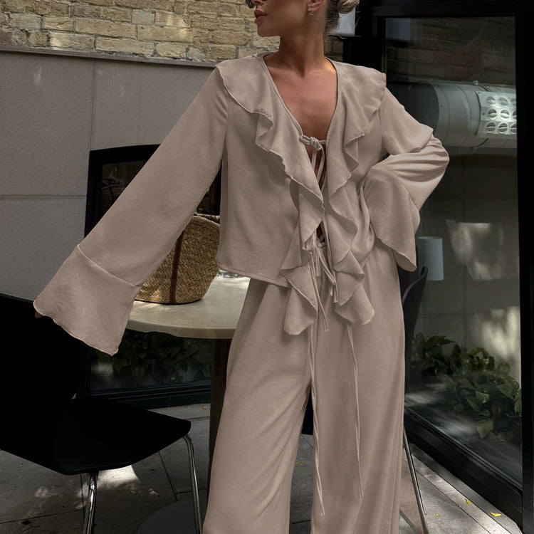 Ruffled V neck Lace up Long Sleeve
