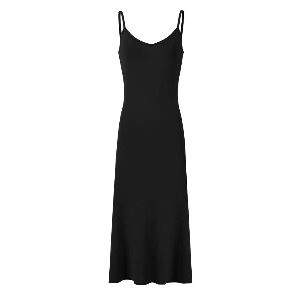 Black maxi silk slip dress with thin spaghetti straps and flowing straight hem