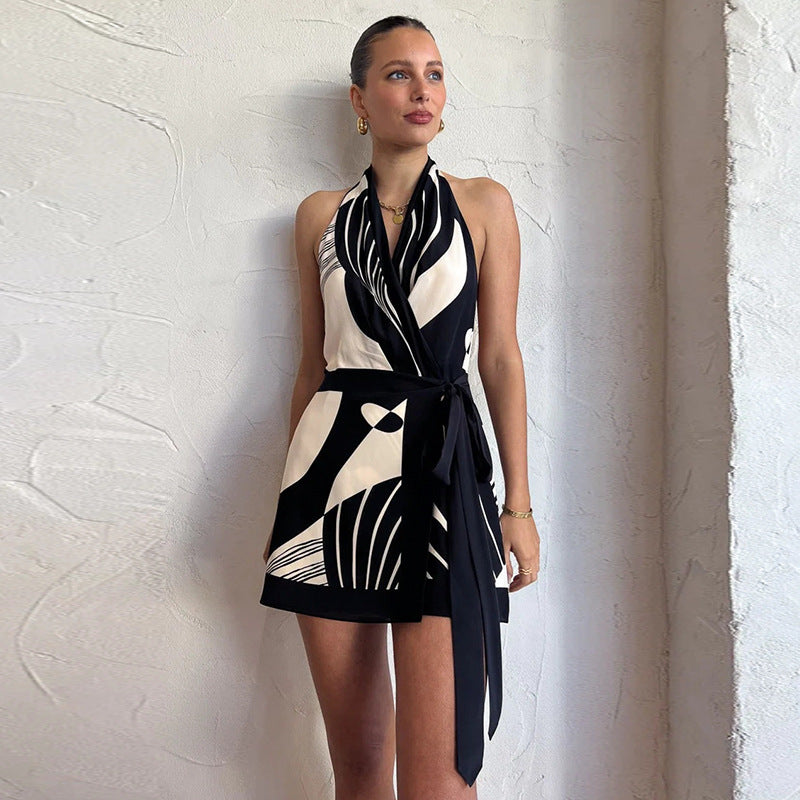 Women's Printed Halter Backless Tie Mini Dress
