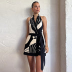 Women's Printed Halter Backless Tie Mini Dress