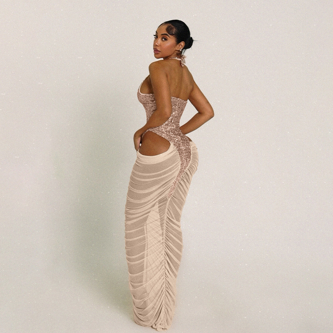 Women's Sequin Mesh Halter Cutout Bodycon Maxi Dress