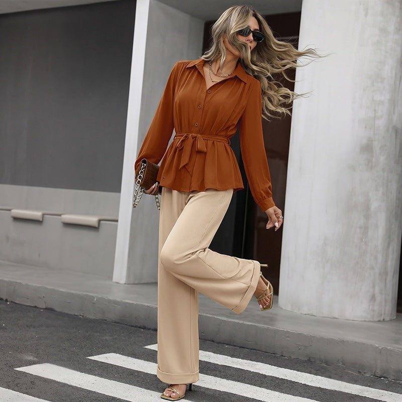 Autumn Solid Color Suit Office Shirt Outfit in Waist Tightening Wear Set for Women