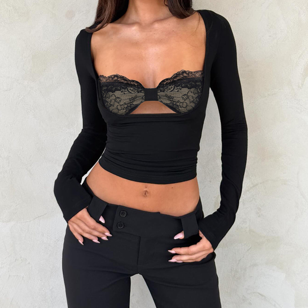Women's Lace Stitching Split Twist Top Base All Matching Long Sleeve