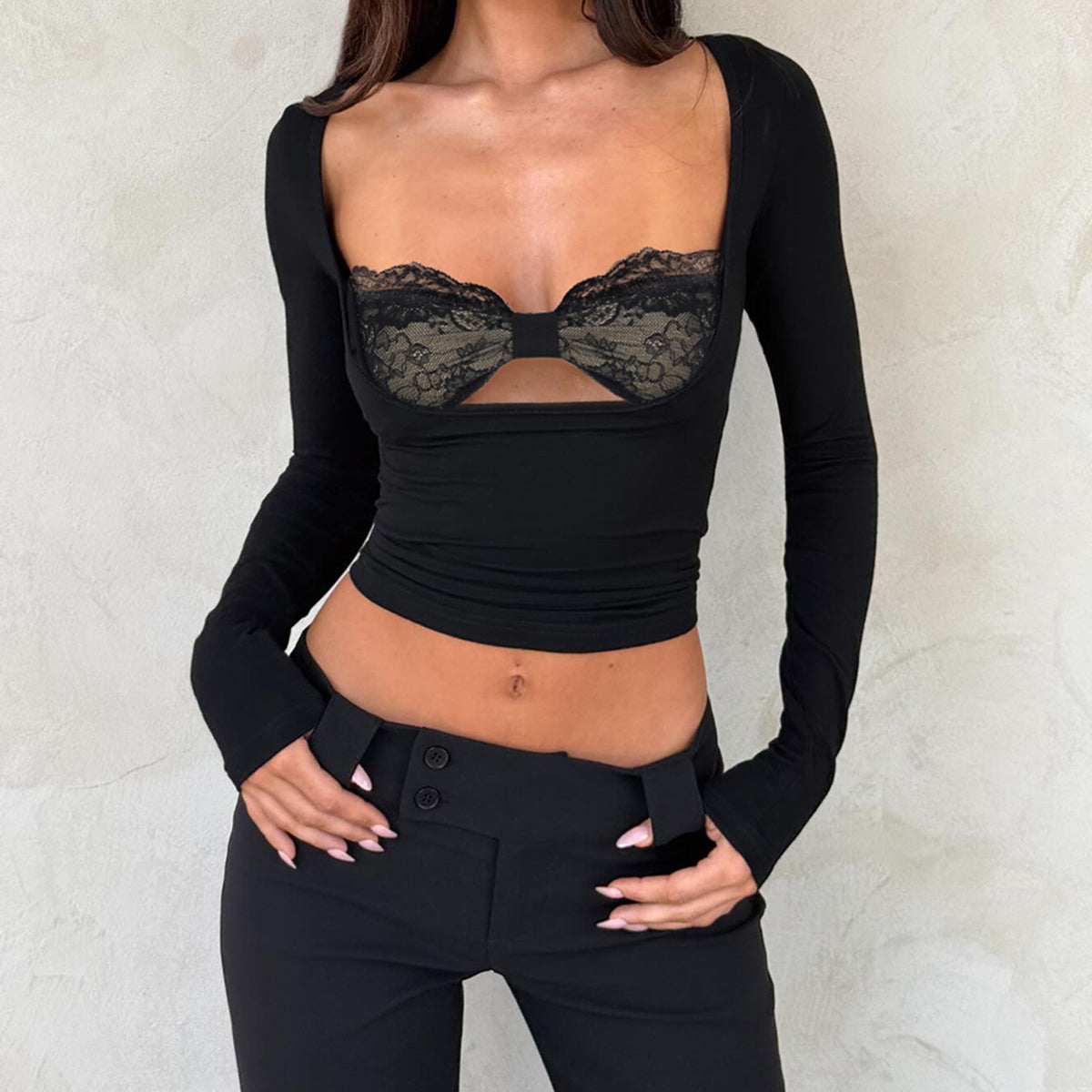Women's Lace Stitching Split Twist Top Base All Matching Long Sleeve