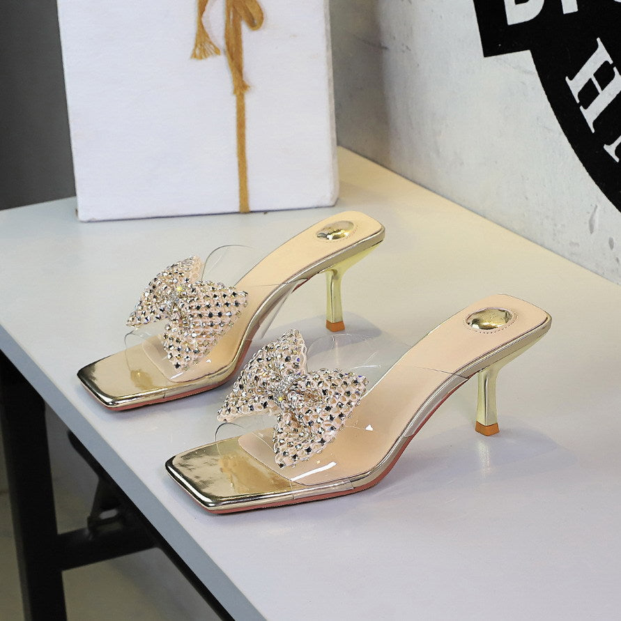 Women's Rhinestone Bow Stiletto Slides