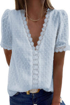 Women's Deep V-Neck Chiffon Shirt Embroidered Ruffled Short Sleeves Top Front Rear