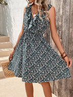 Women's V-Neck Floral Ruffle Short-Sleeve Dress