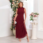 Women's Spring Summer Stand Collar Sleeveless Elegant Chiffon Evening Dress Back Zipper Double Slit Large A Swing Full Slip Dress