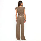 Women Clothing Summer Knitted Striped Color Matching Short Sleeve Top Wide Leg Trousers Two Piece Set