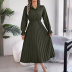 Autumn Winter Casual Collared Button Long Sleeve Cinched Pleated Maxi Dress