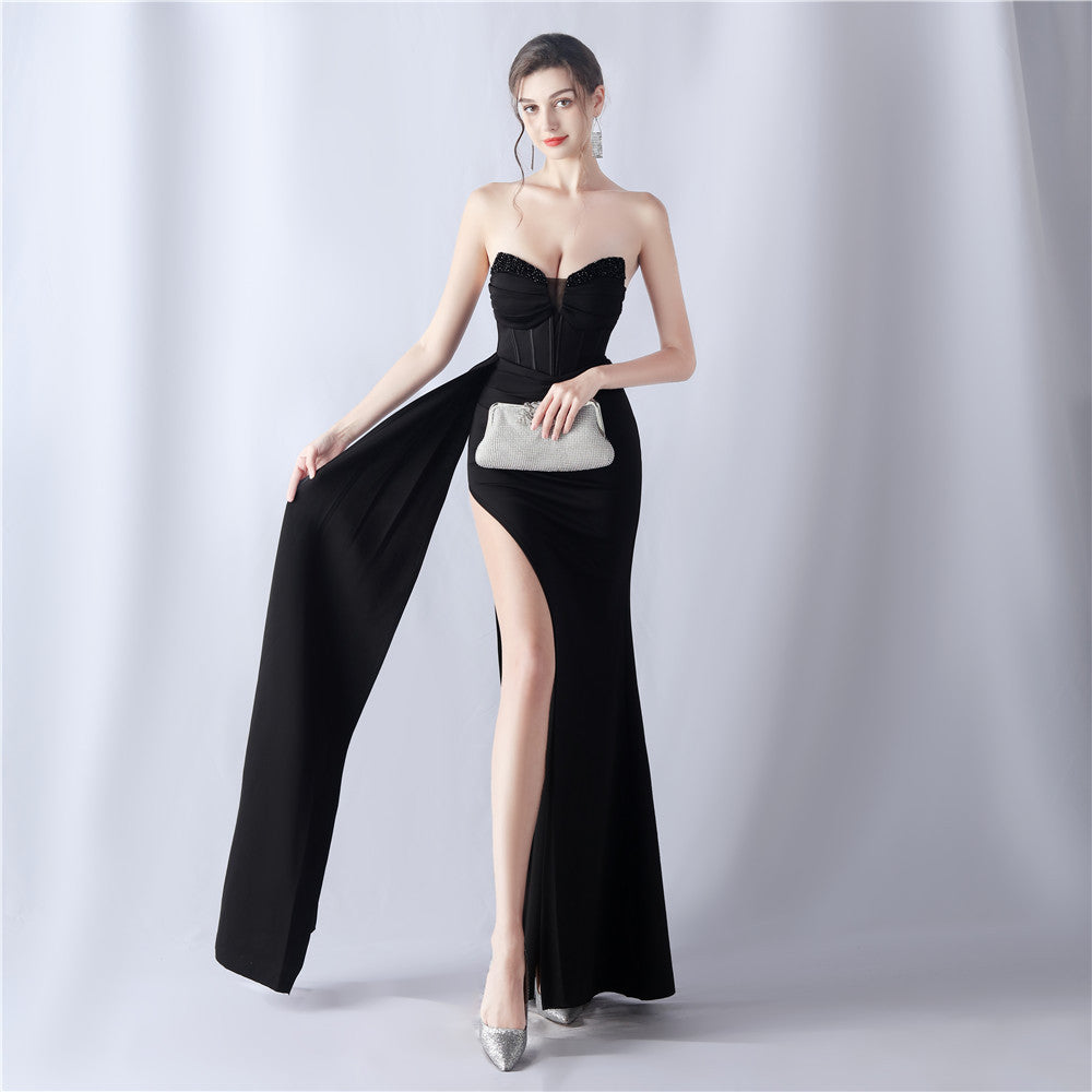 Women's Rhinestone Corset Satin Evening Dress