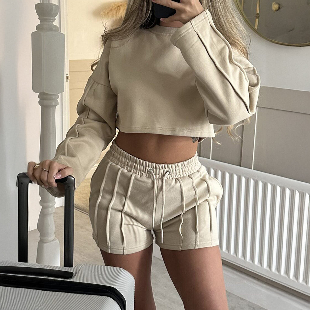 Women Clothing Autumn Casual Solid Color Hoodie Drawstring Shorts Set
