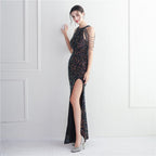 Women's Embellished Micro Glass Bead Beaded Cocktail Evening Dress Elegant Long